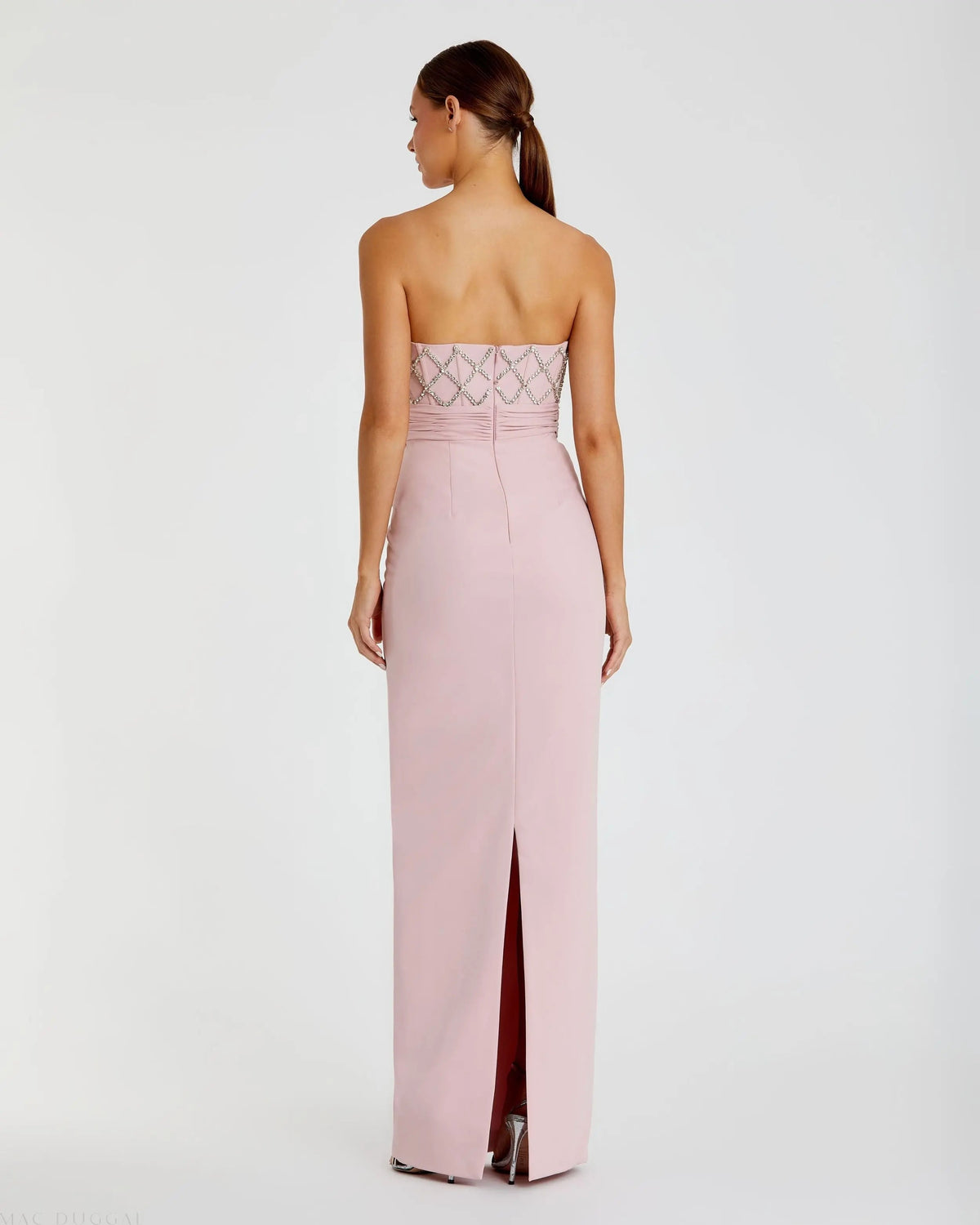 Pink Strapless Embellished Crepe Gown With Bow