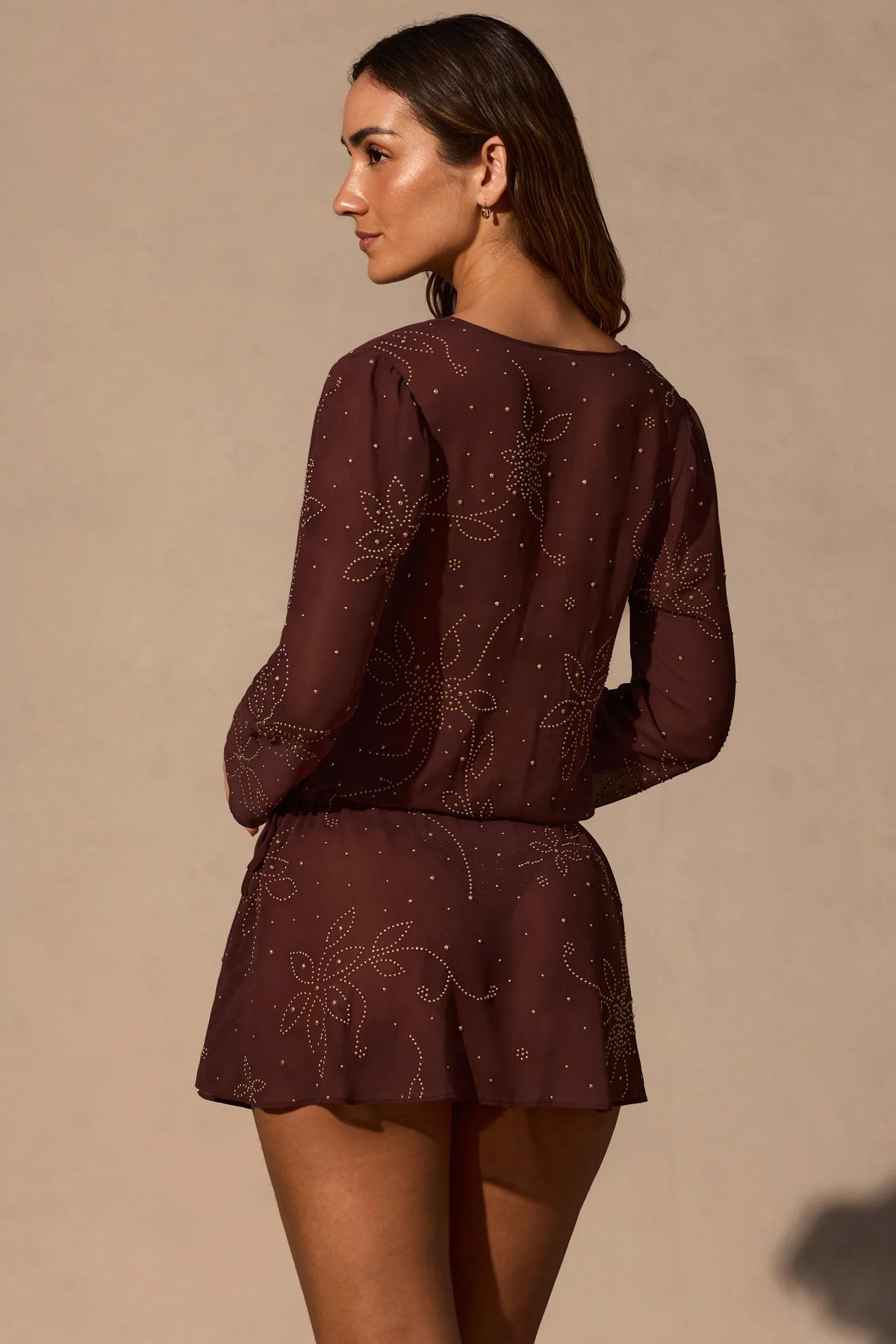 Long-Sleeve Mini Dress in Espresso Brown