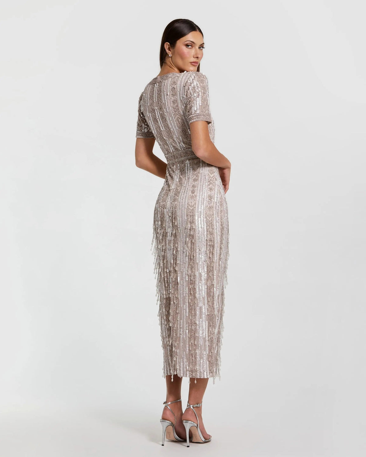 Pink High Neck Short Sleeve Crystal Fringe Sheath Dress