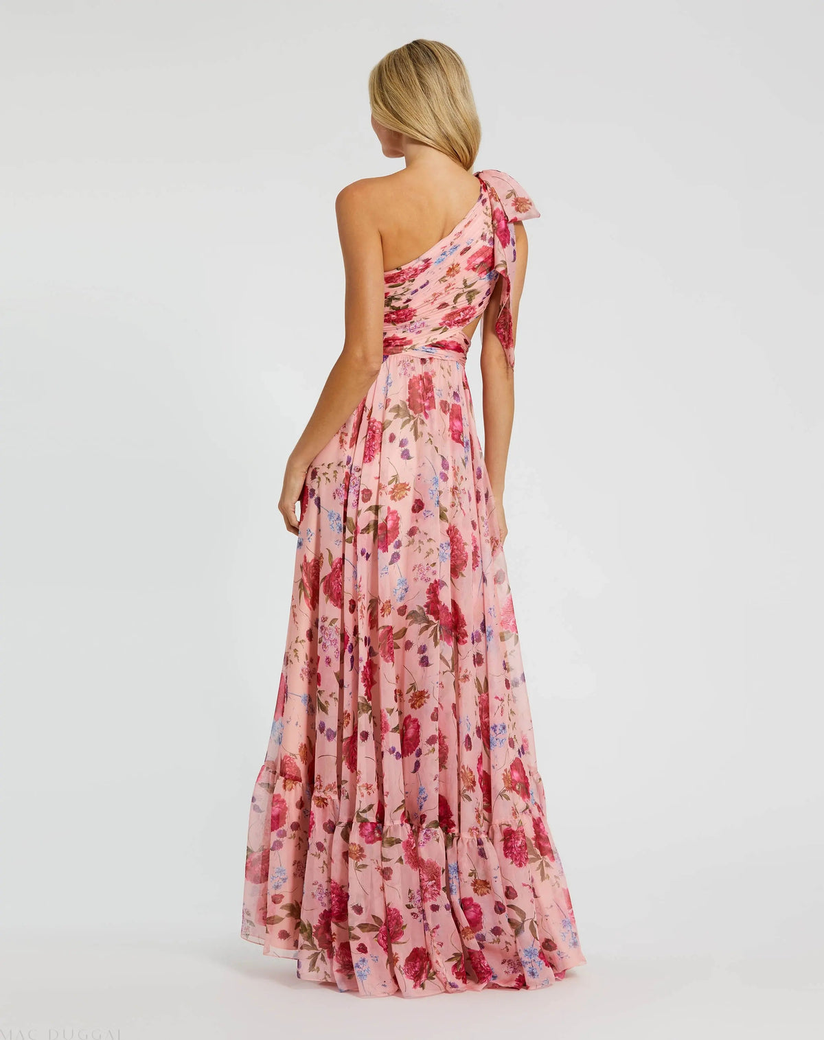 Pink One Shoulder Floral Printed Chiffon Side Cut Out Gown