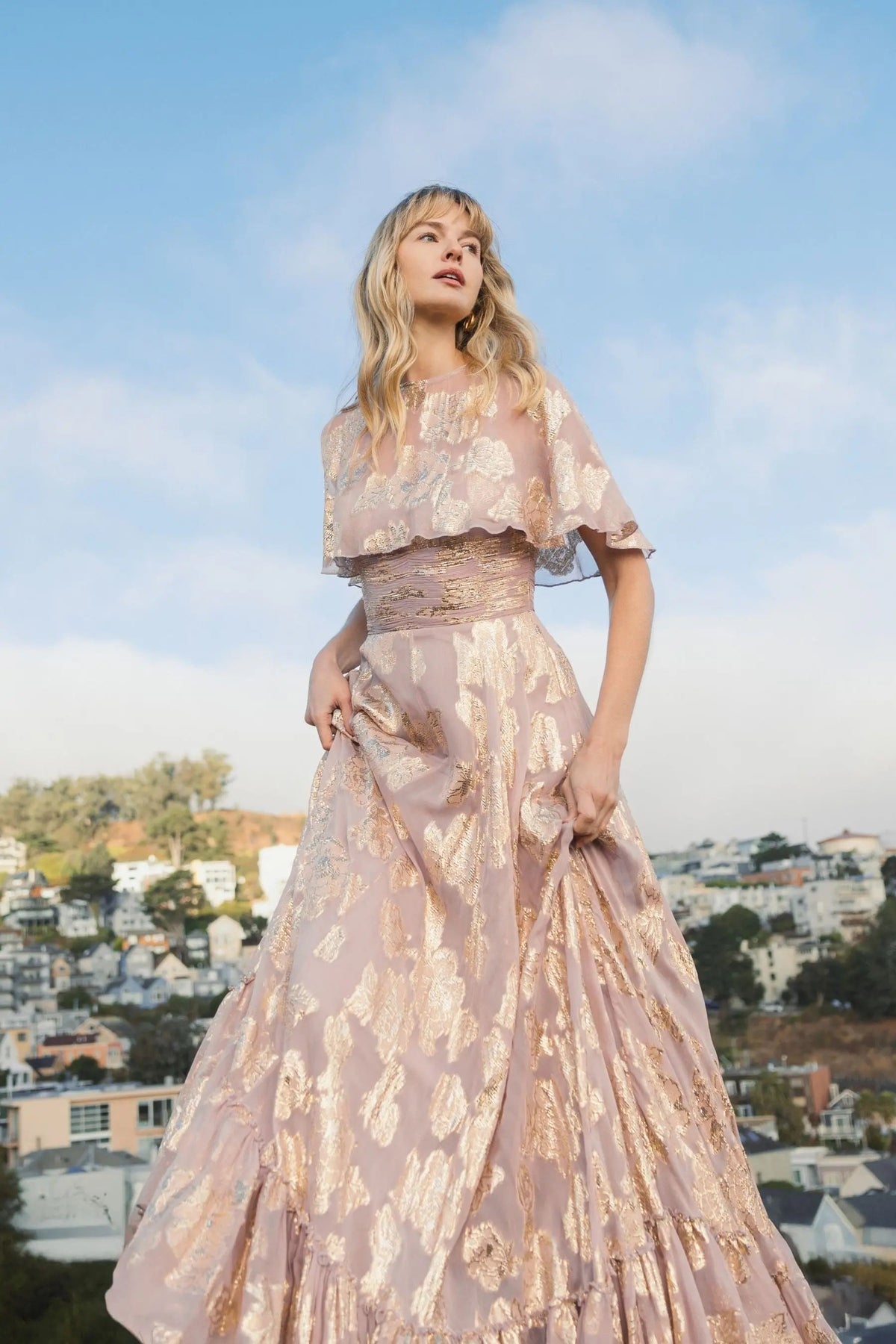 Purple Cape Sleeve A Line Floral Chiffon Gown