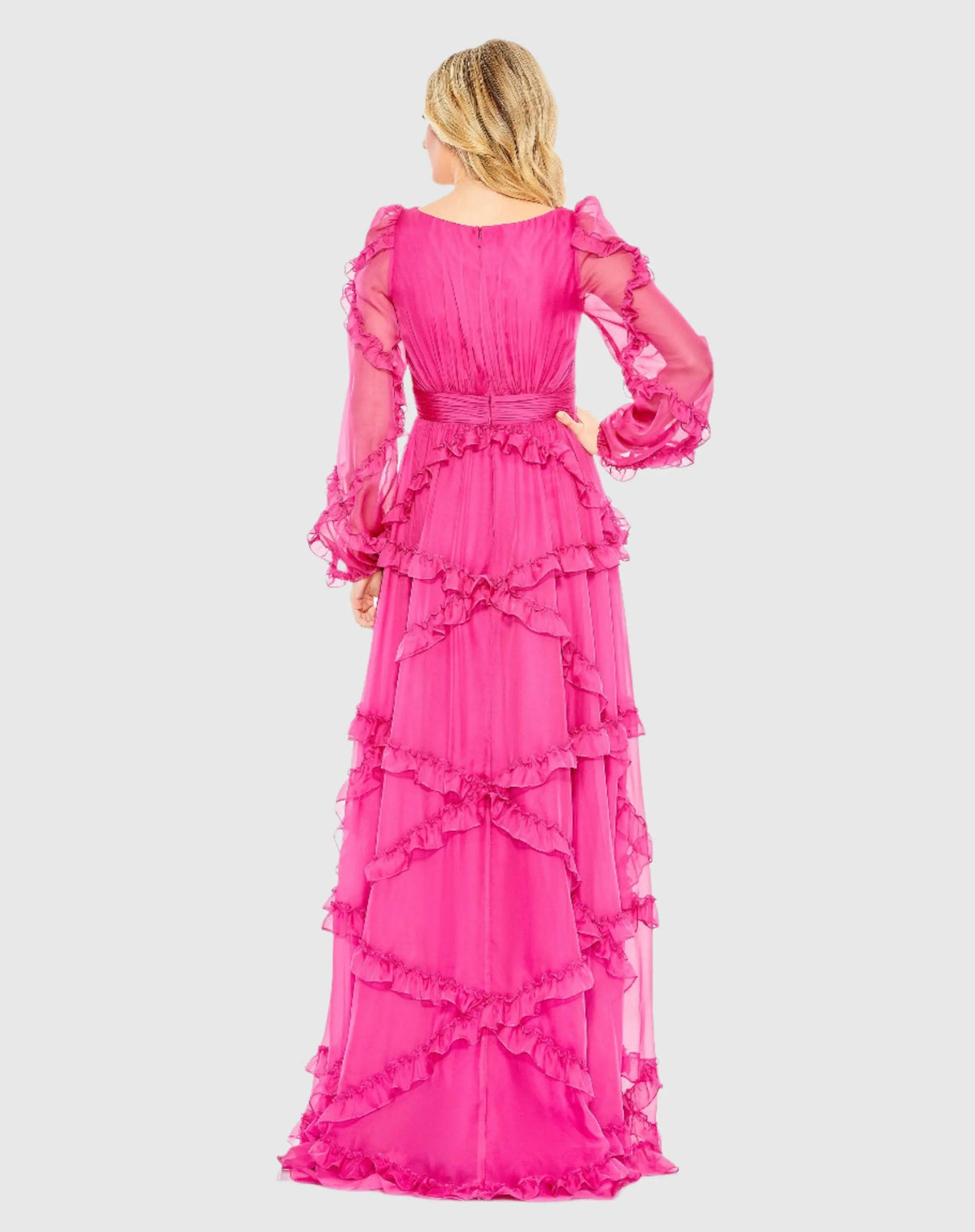 Pink Ruffle A-line Gown with Sheer Long Sleeves