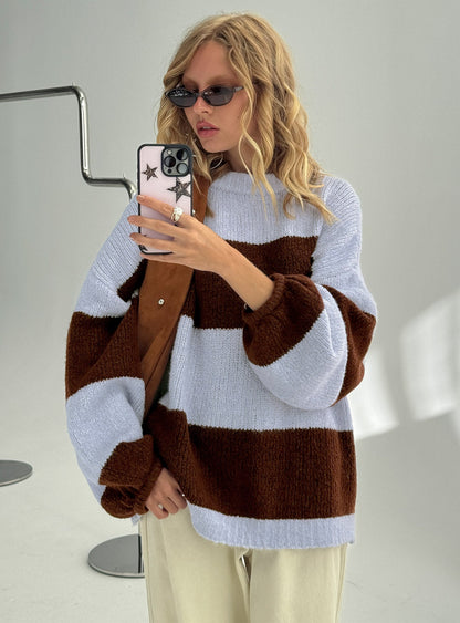 Bastien Crew Neck Knit Sweater Blue / Chocolate Stripe