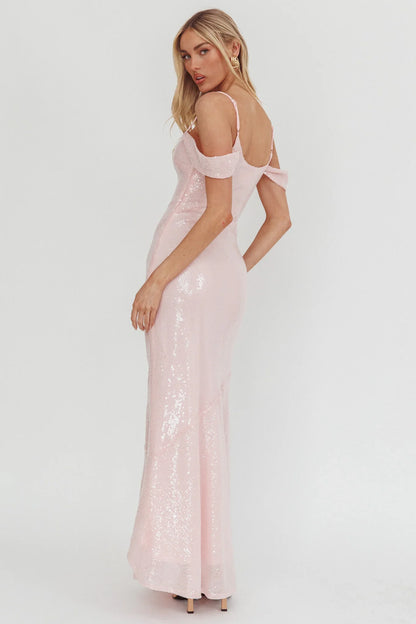 Madrid Sunset Off-Shoulder Sequin Maxi Dress Pink
