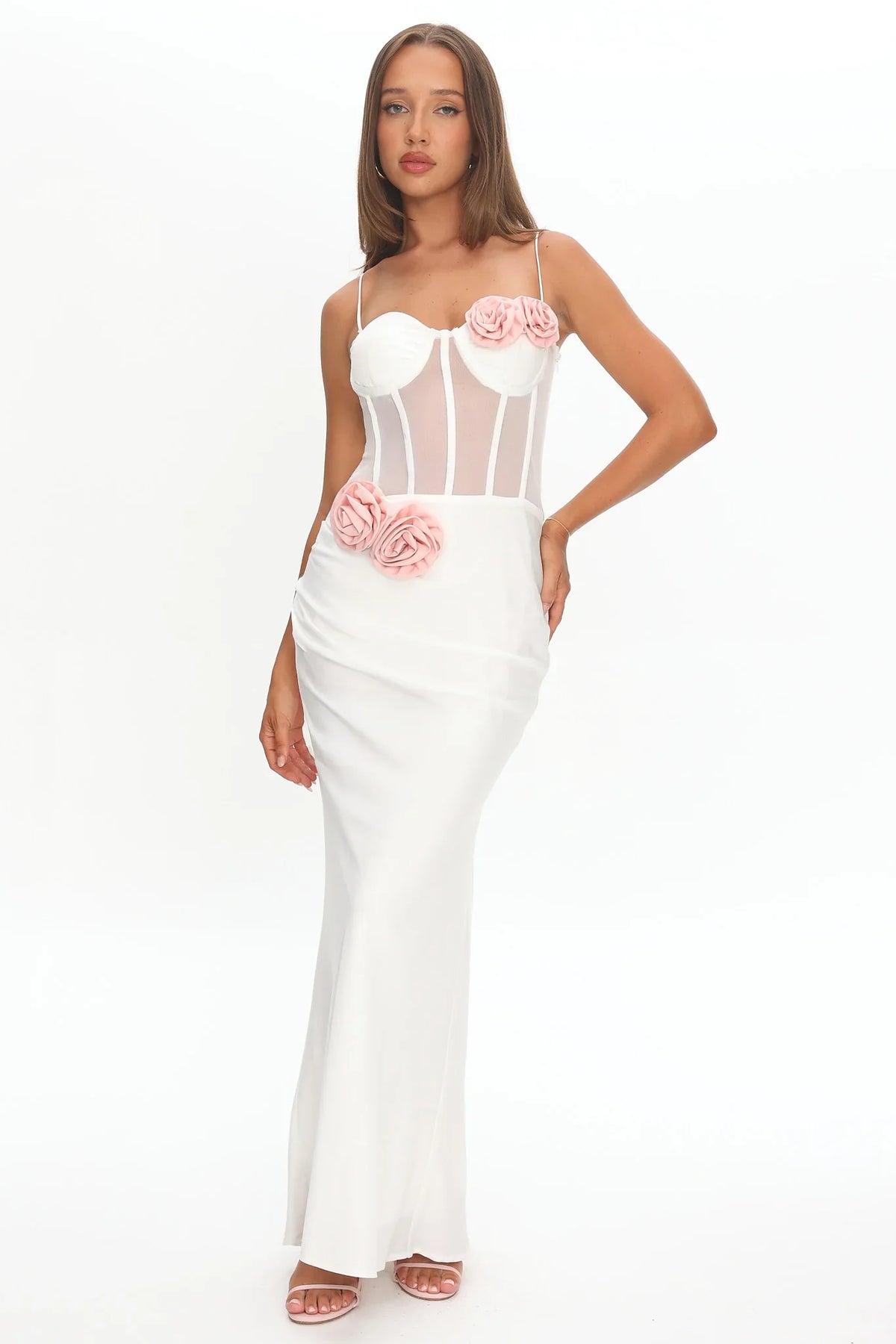 Ismera Sheer Bodice Rosette Maxi Dress White