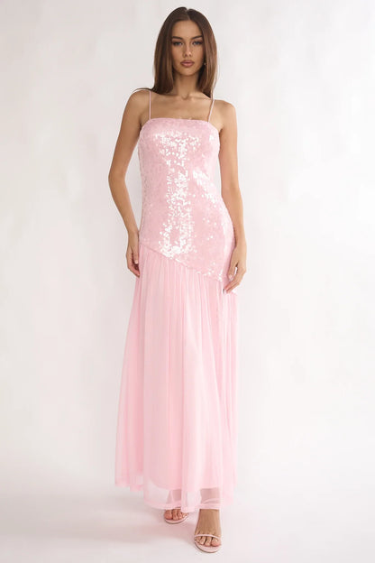 Azure Sun Drop Waist Split Maxi Dress Sequin Pink