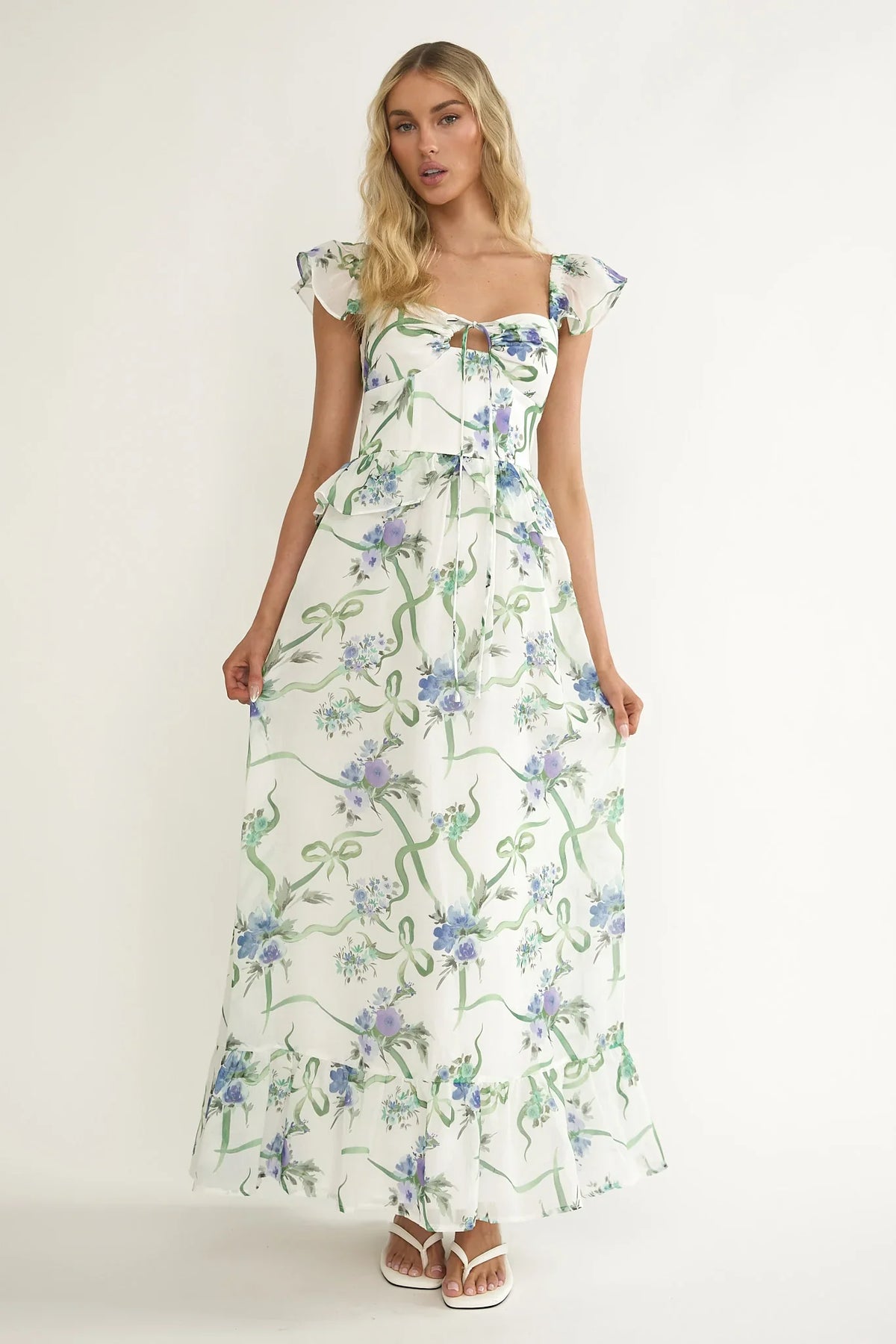 Hanalei Off-Shoulder Tied Bust Maxi Dress Floral White