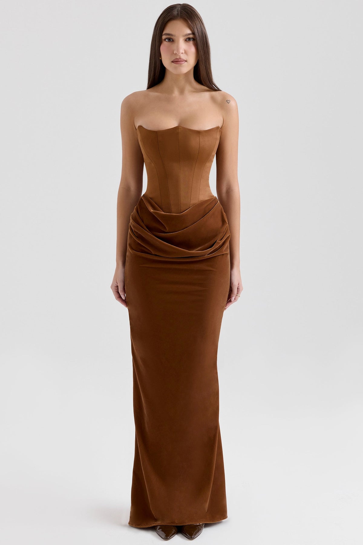 coffee velvet strapless corset maxi dress