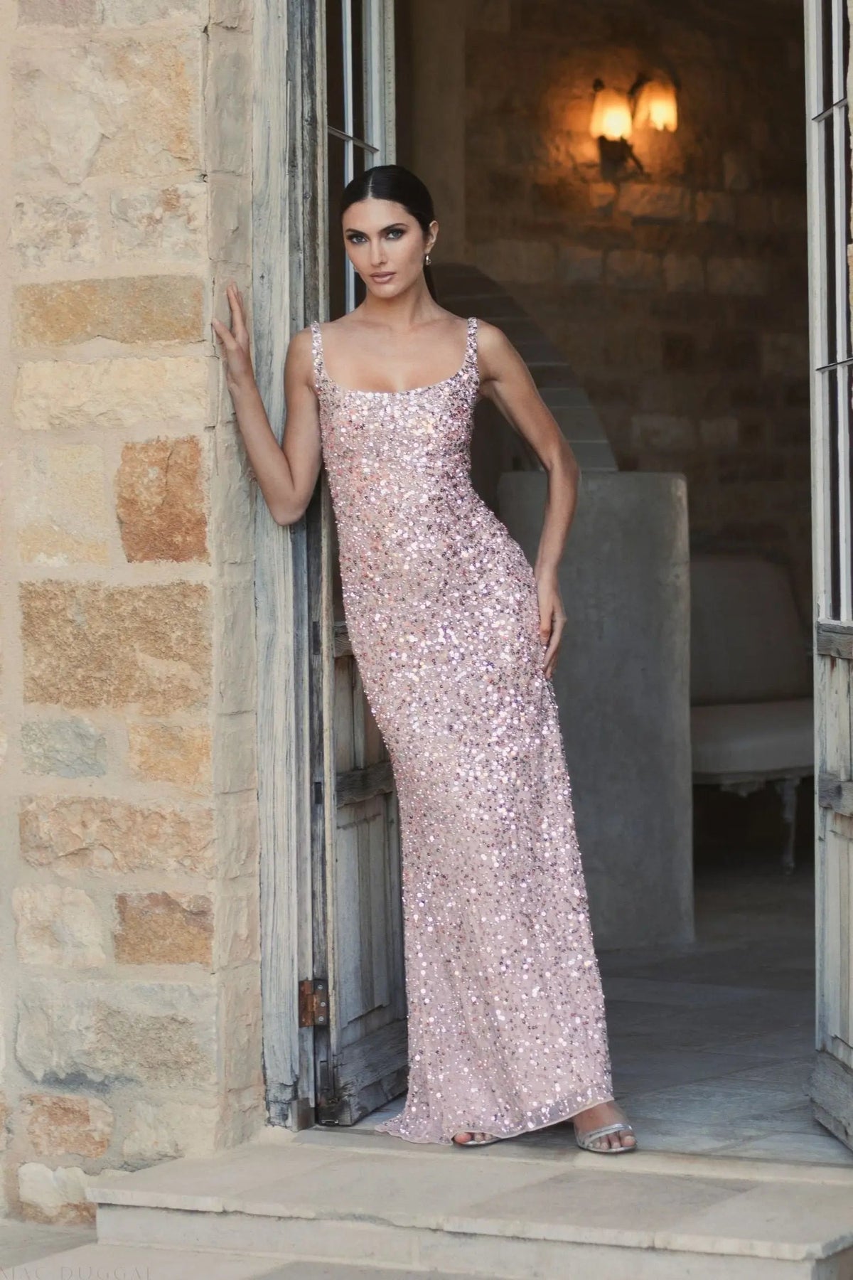 Pink Sequined Low Back Slip Gown