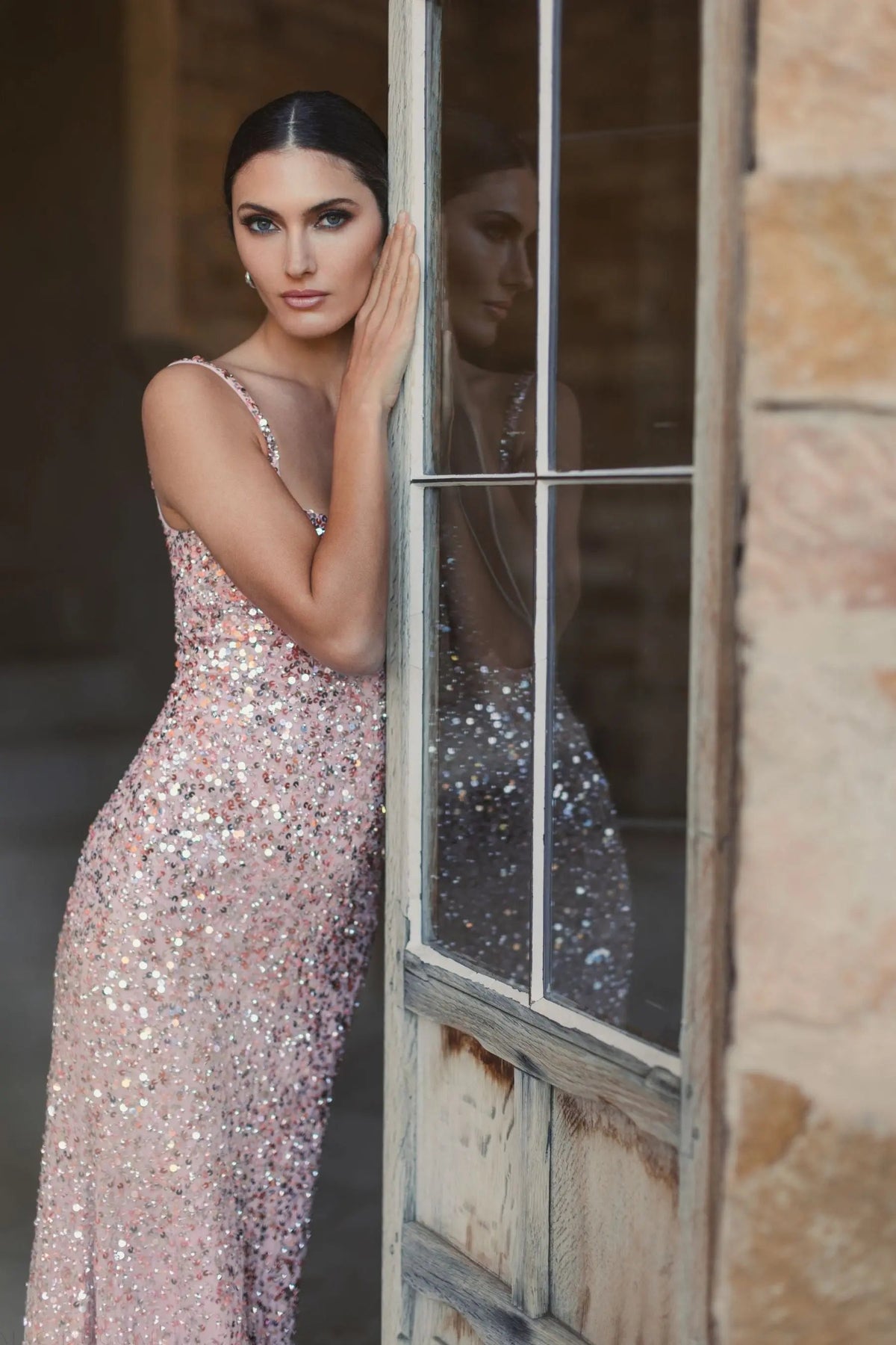 Pink Sequined Low Back Slip Gown