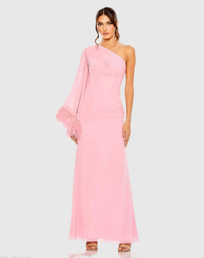 Pink Feather Cuff One Shoulder Ruched Gown