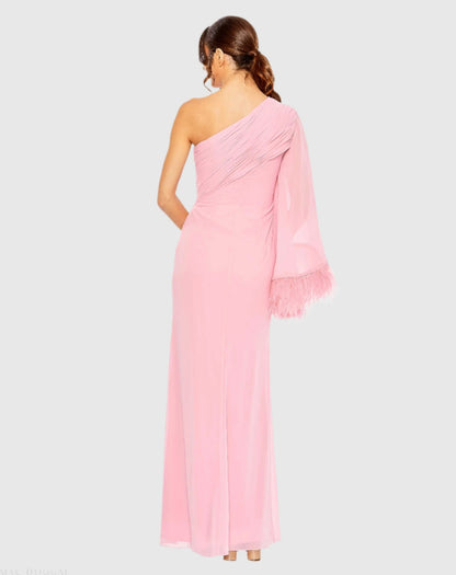 Pink Feather Cuff One Shoulder Ruched Gown