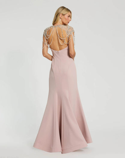 Pink Draped Pearl Beaded Mermaid Gown