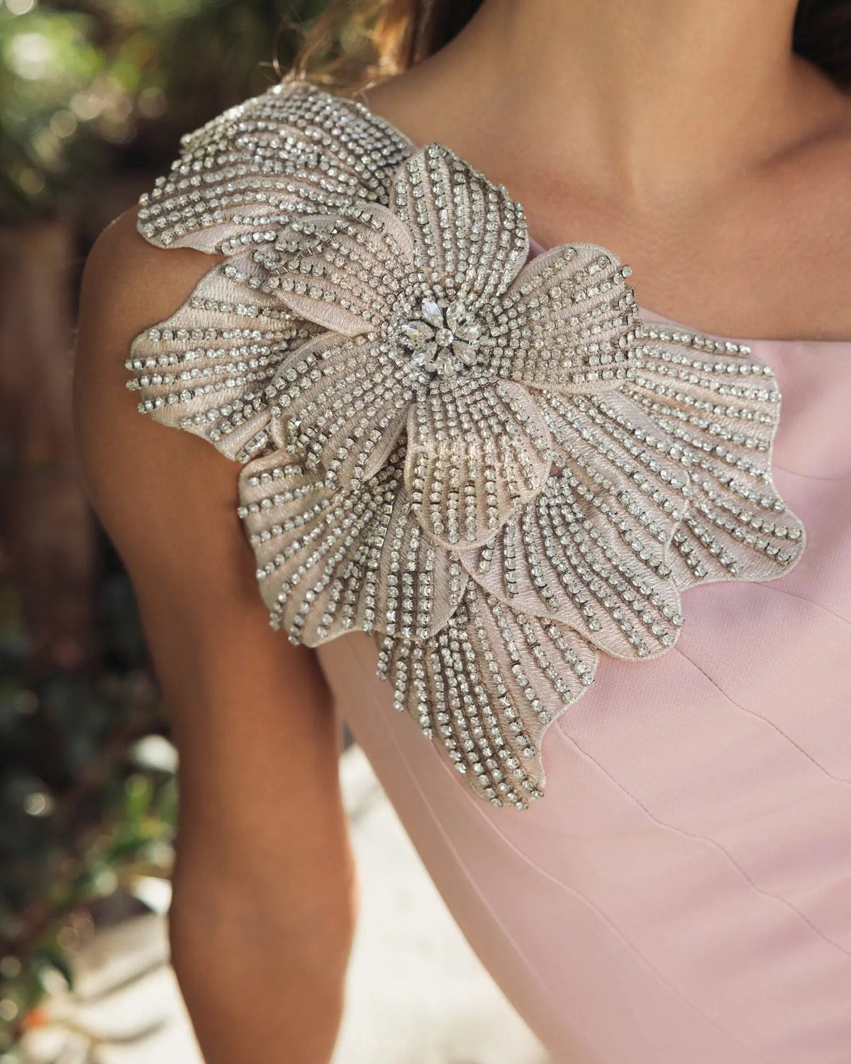Pink Crepe One Shoulder Gown With Crystal Flower