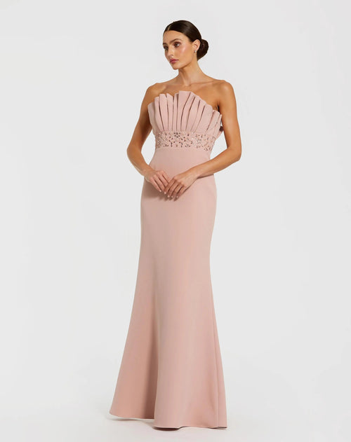 Pink Strapless Crepe Gown With Crystal Embellishments
