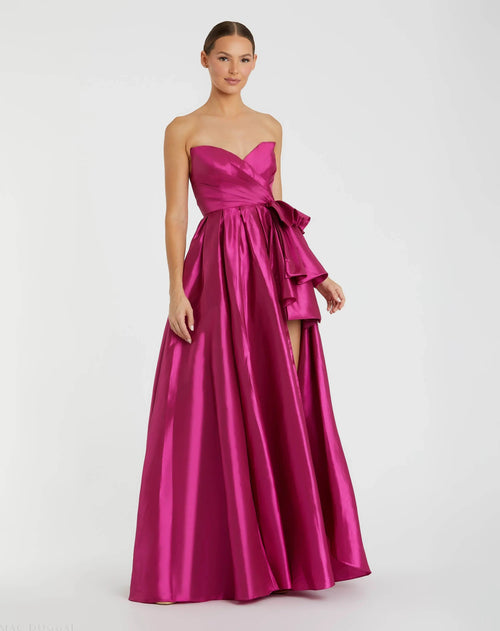 Pink Strapless Taffeta Gown with Ruffles and Slit