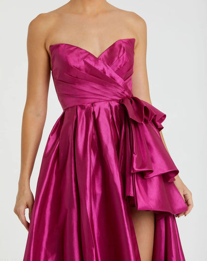 Pink Strapless Taffeta Gown with Ruffles and Slit
