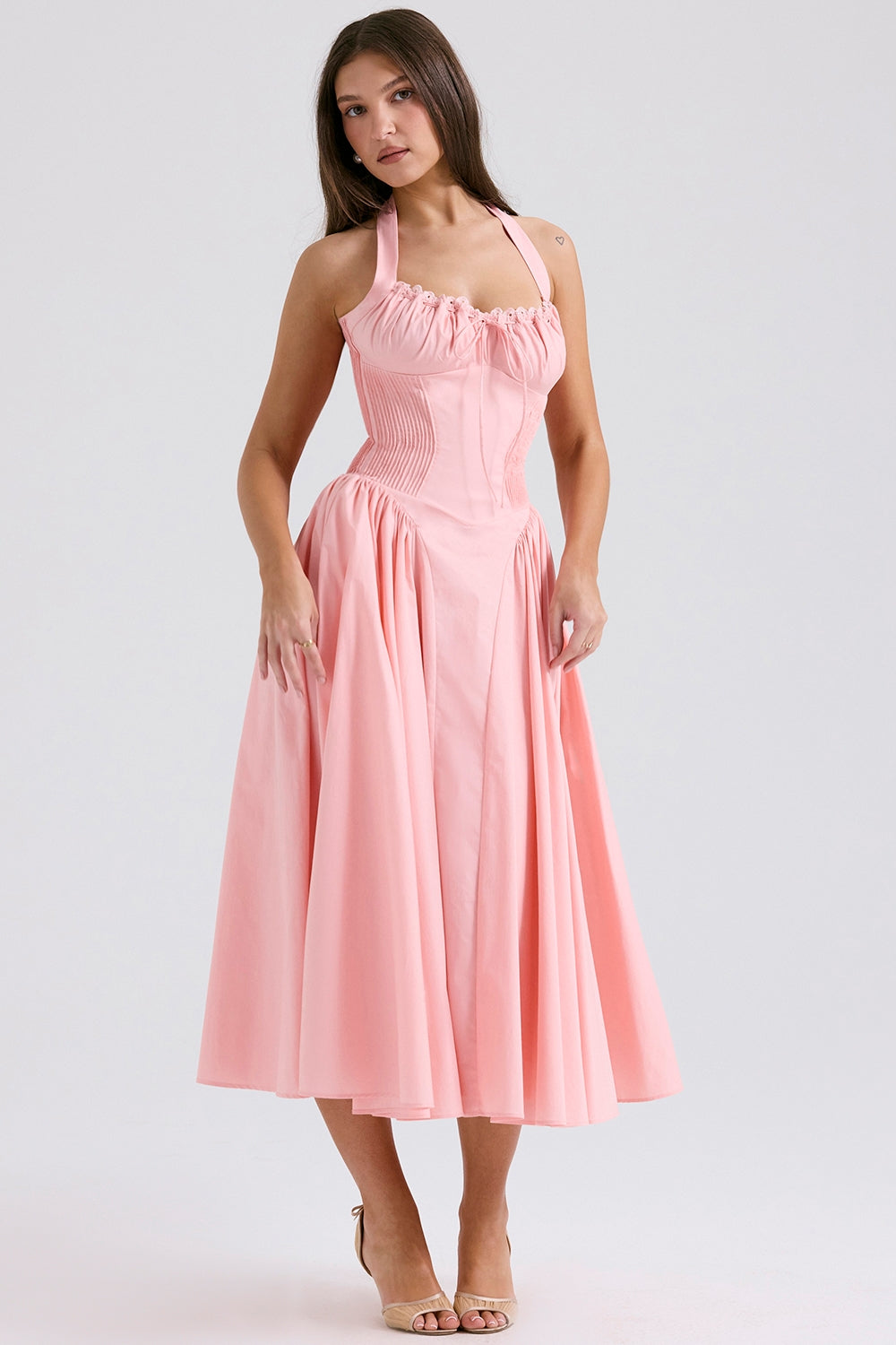 rose pink cotton halter midi sundress