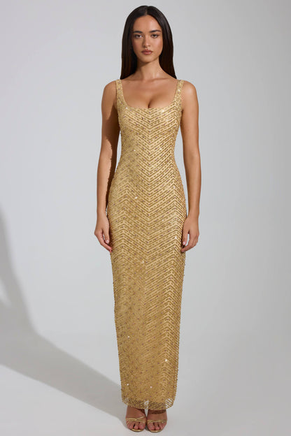 Embellished Scoop-Neck Thigh-Split Maxi Dress in Gold