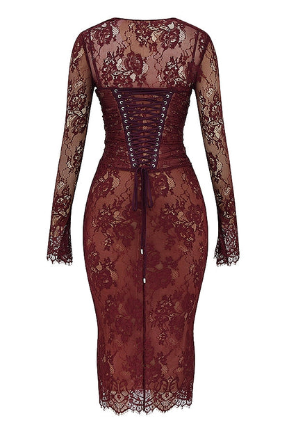 claret lace midi dress