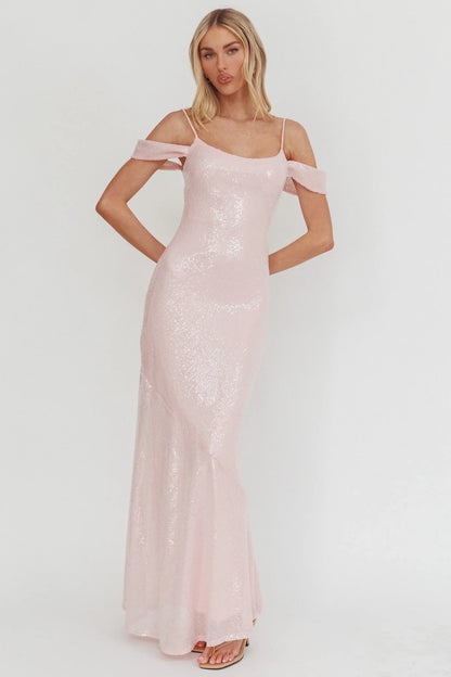 Madrid Sunset Off-Shoulder Sequin Maxi Dress Pink