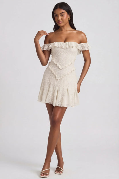 Off-Shoulder Lace A-Line Mini Dress in Ivory