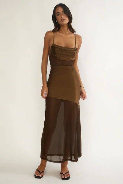 Golden Era Sheer Waist Maxi Dress Chocolate