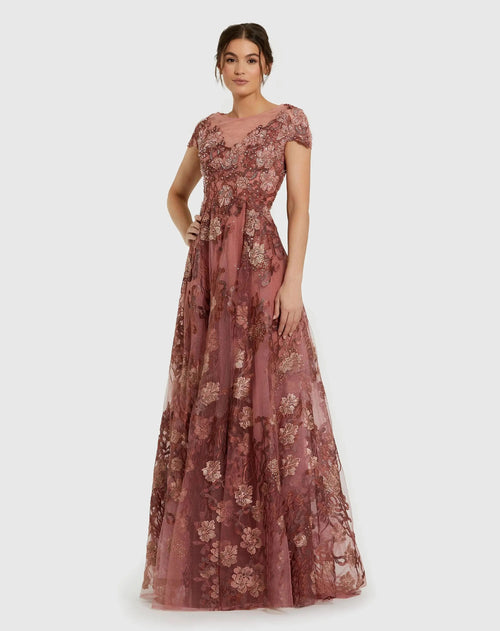 Pink Floral Embroidered Cap Sleeve Evening Gown