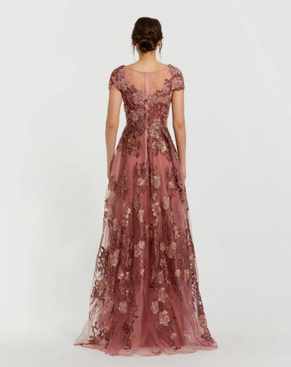 Pink Floral Embroidered Cap Sleeve Evening Gown