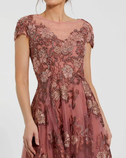 Pink Floral Embroidered Cap Sleeve Evening Gown
