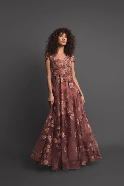 Pink Floral Embroidered Cap Sleeve Evening Gown