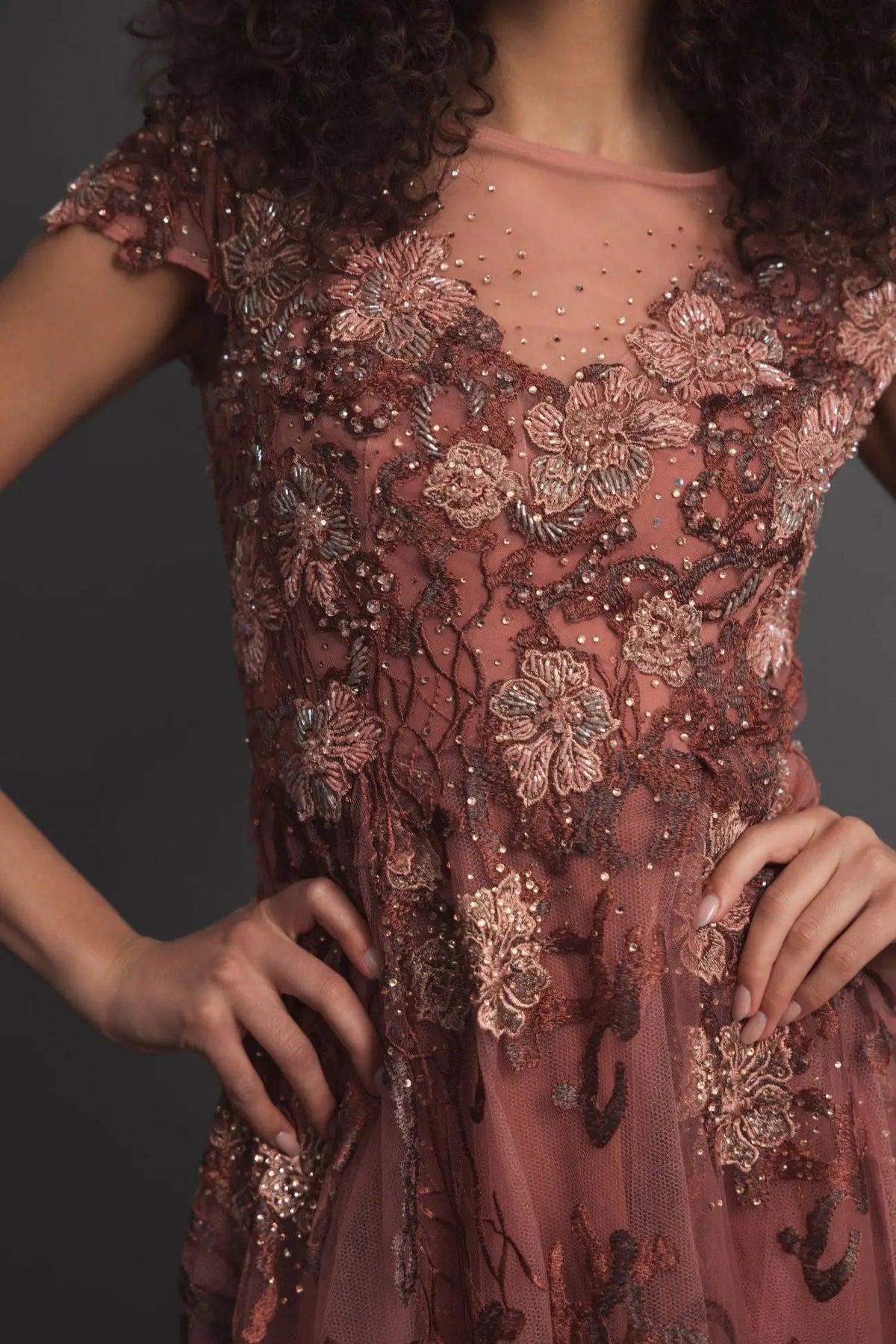 Pink Floral Embroidered Cap Sleeve Evening Gown