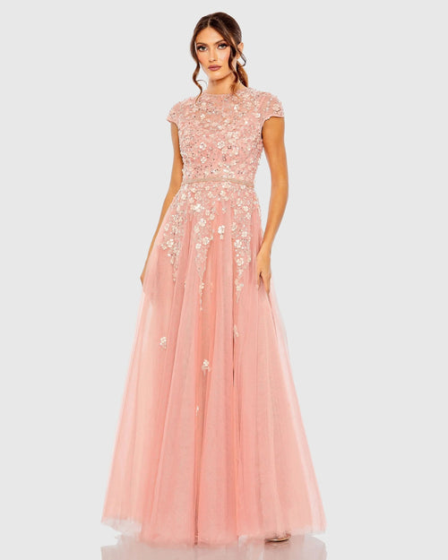 Pink High Neck Cap Sleeve Embellished A Line Gown