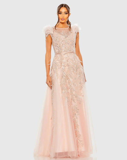Pink High Neck Feather Detail Beaded Gown