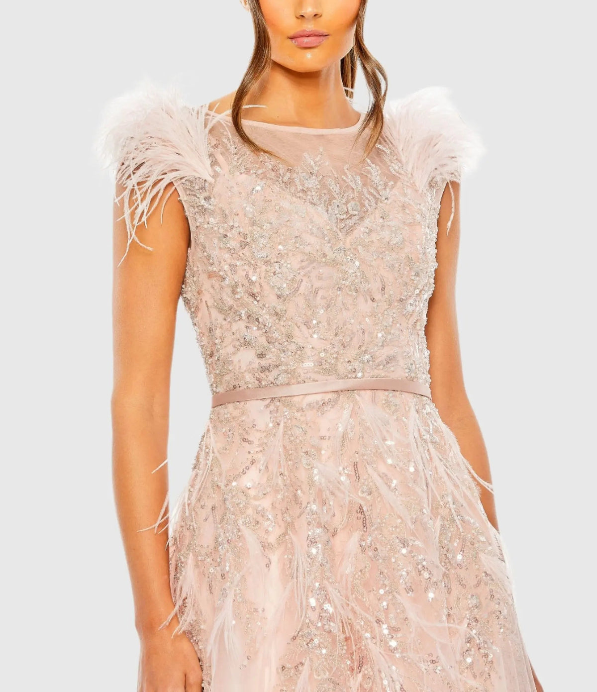 Pink High Neck Feather Detail Beaded Gown