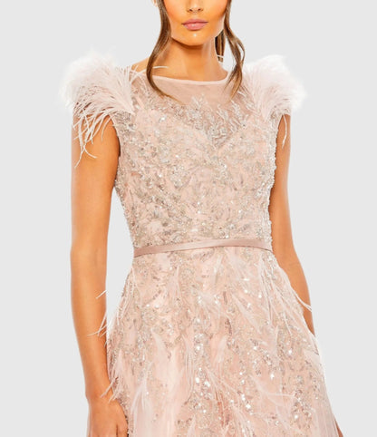 Pink High Neck Feather Detail Beaded Gown