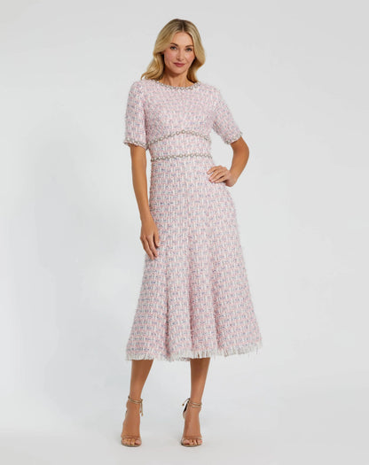 Pink Short Sleeve Beaded Trim Boucle Midi Dress