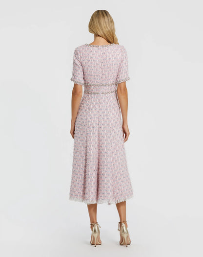 Pink Short Sleeve Beaded Trim Boucle Midi Dress