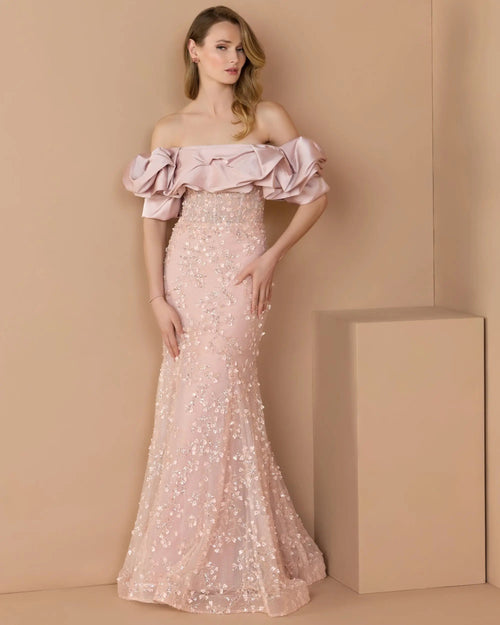 Pink Embellished Mermaid Gown With Off The Shoulder Ruffle