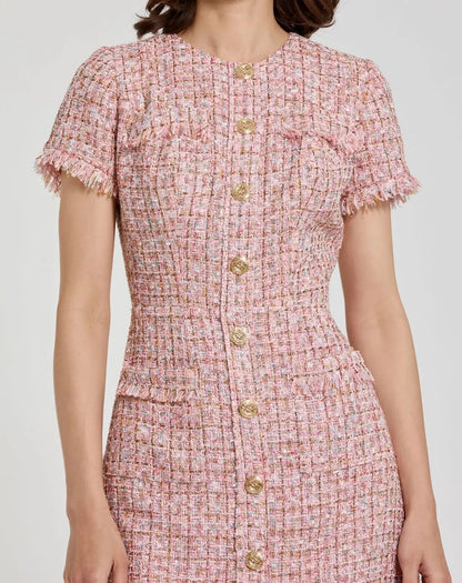Pink Boucle Short Sleeve Mini Dress With Pockets