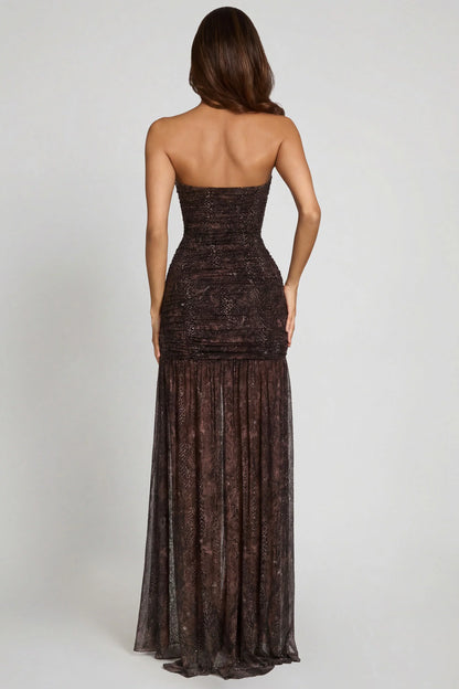 Embellished Bandeau Gathered Maxi Dress in Snake Hotfix