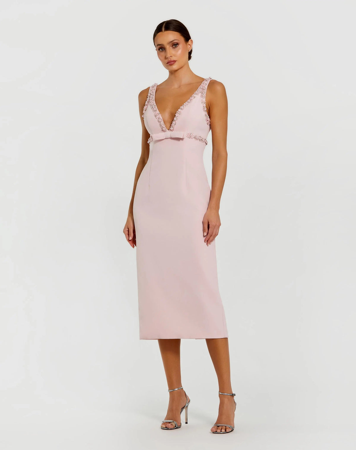 Pink Crepe Fitted Midi Dress With Bow And Beaded Trim