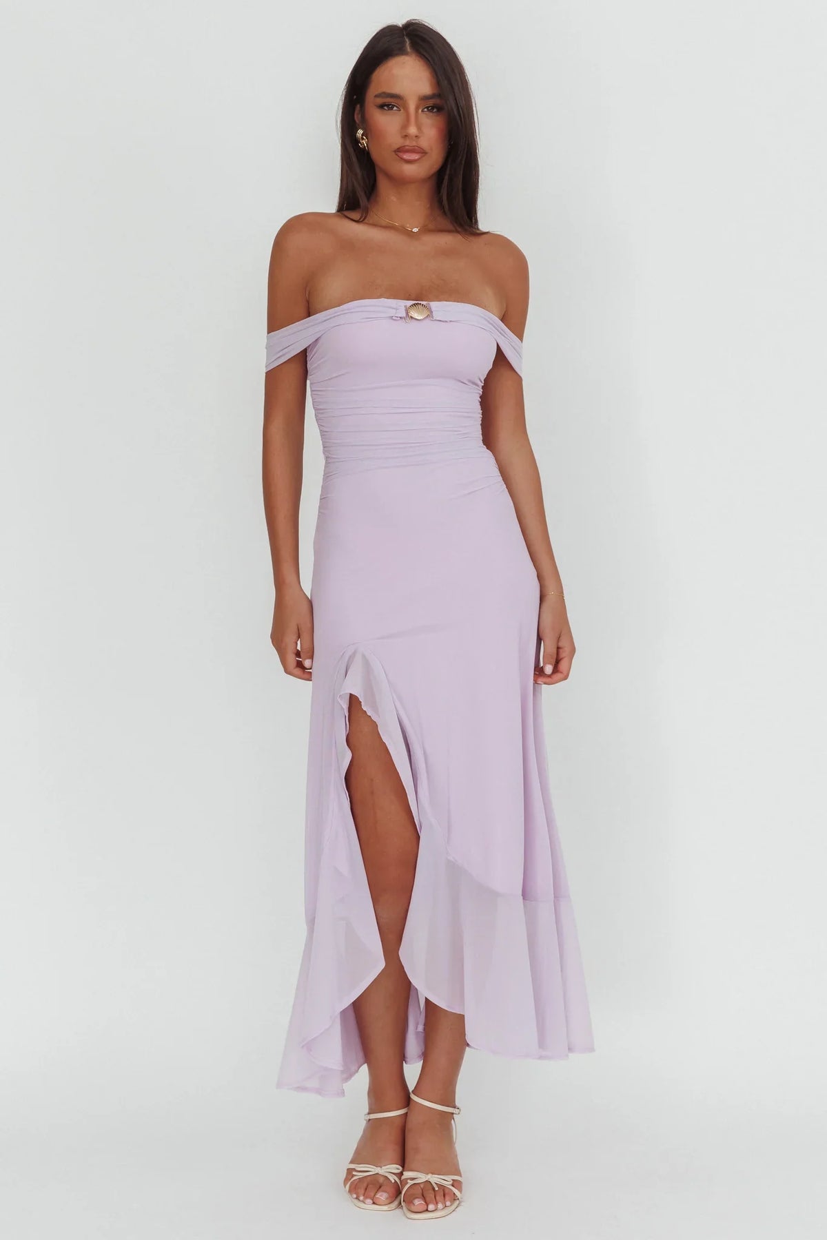 Moonlit Magic Off-Shoulder Split Maxi Dress Lilac