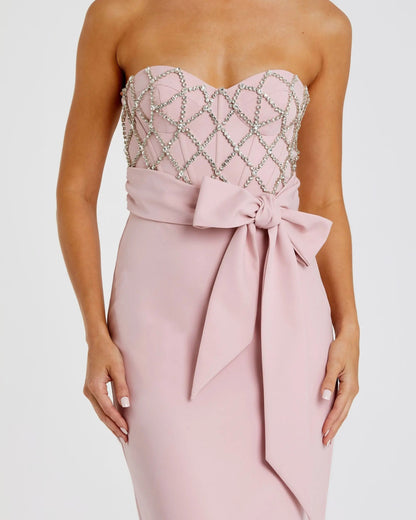 Pink Strapless Embellished Crepe Gown With Bow