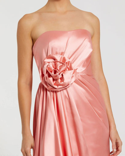 Pink Strapless Satin Gown With 3D Flower