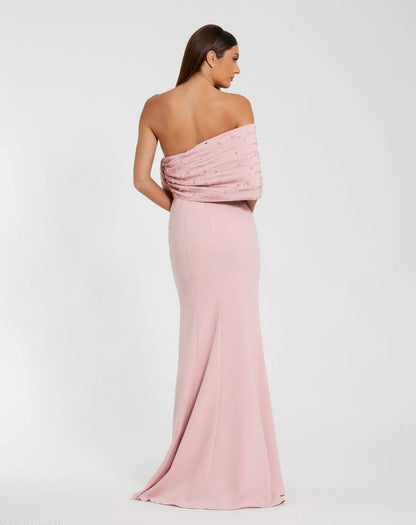 Pink Beaded Off-the-Shoulder Satin Trumpet Gown