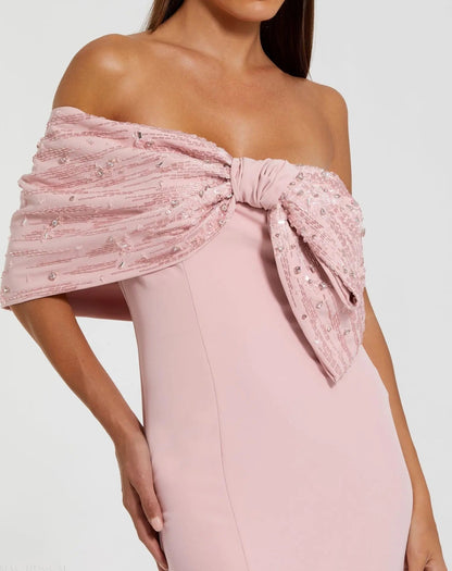 Pink Beaded Off-the-Shoulder Satin Trumpet Gown