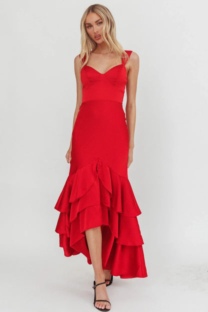 Baylin Layered Mermaid Hem Maxi Dress Red