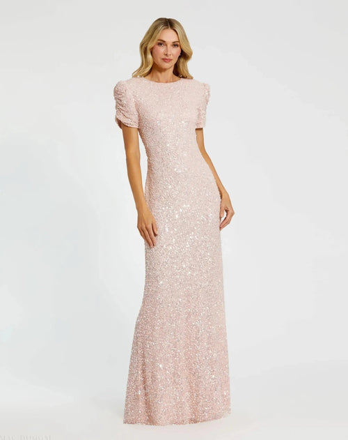 Pink Gathered Short Sleeve Embellished Gown