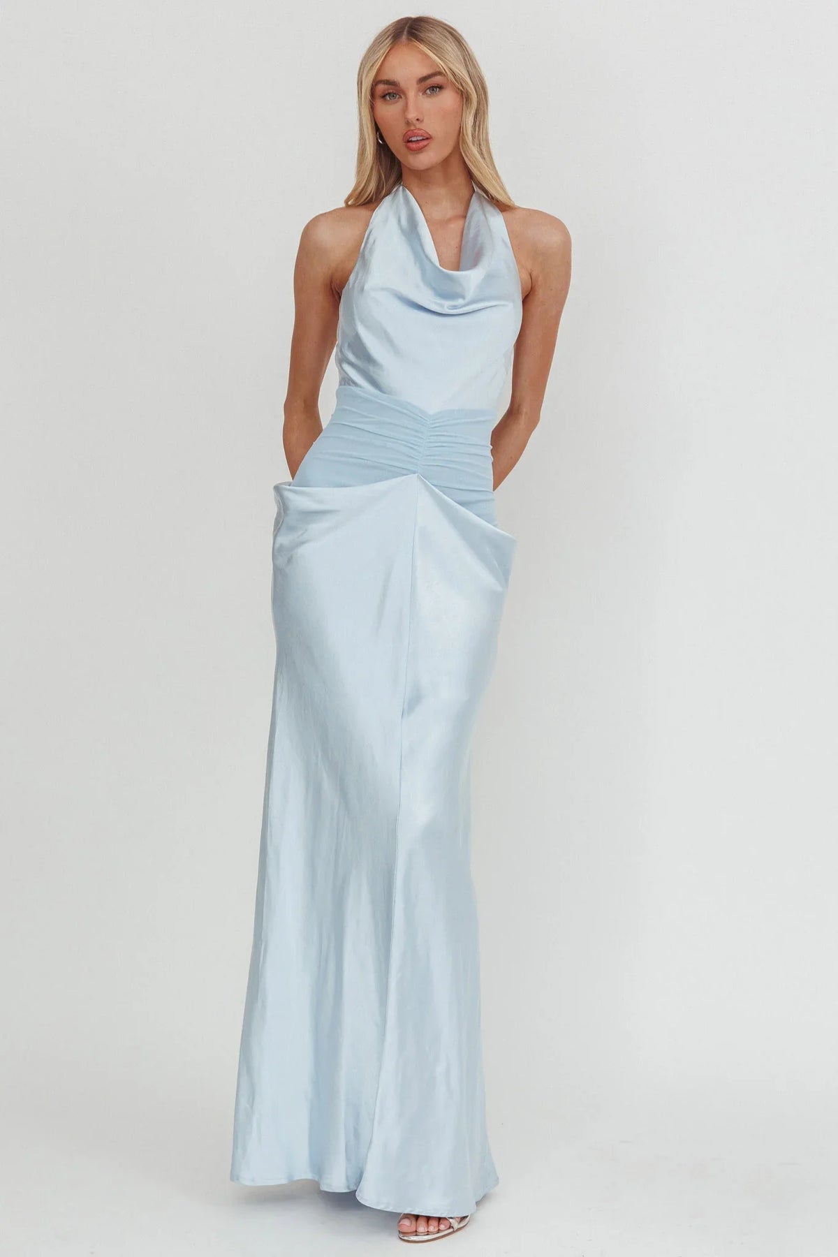 Zynthia Cowl Neck Ruched Waist Maxi Dress Ice Blue